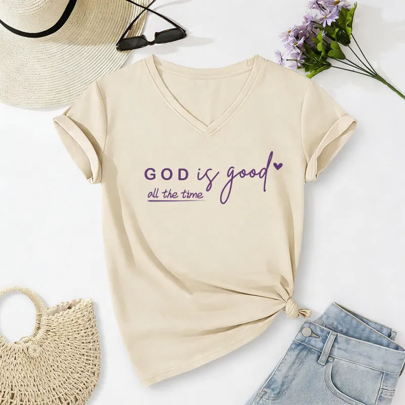 Christianartworkshop God Is Good All The Time Dual Tiny Heart Accent Casual V-neck T-shirt sold by Christian Art Workshop