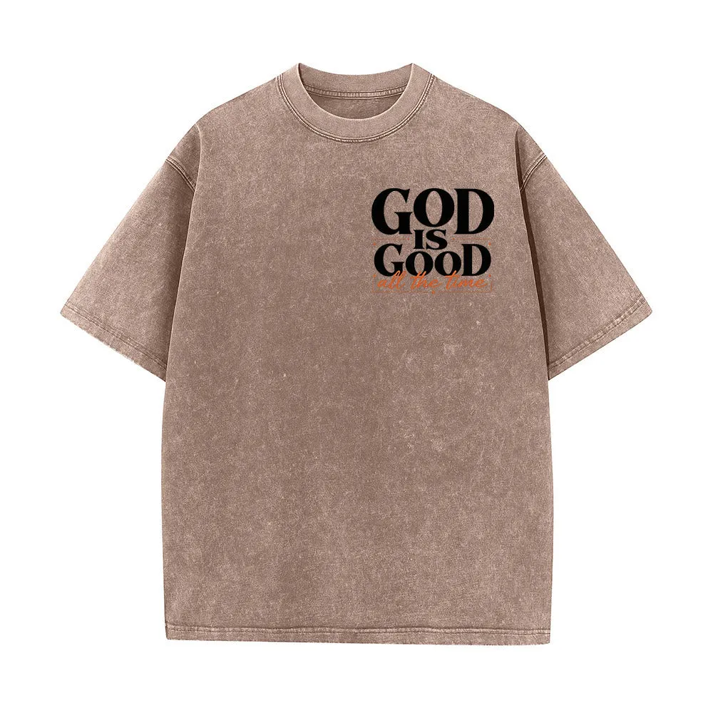 Christianartworkshop GOD IS GOOD All The Time Contrast Block Cursive Font Dual Sided Left Chest Vintage Washed T-Shirt sold by Christian Art Workshop product image thumbnail 2