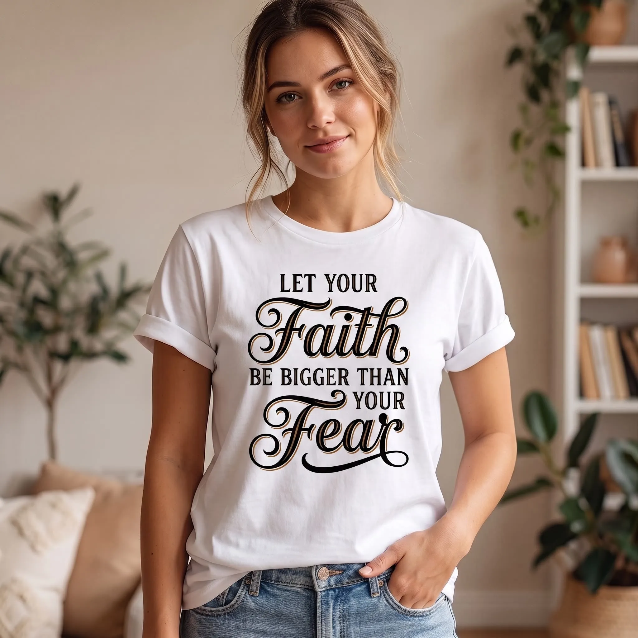 Christianartworkshop Decorative Cursive Key Faith & Fear Word Accent Casual Women’s Crewnecks T-shirt sold by Christian Art Workshop product image thumbnail 2