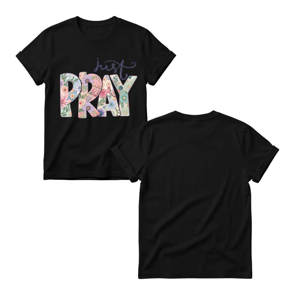 Christianartworkshop Floral Fill Pray Letter Top Cursive Just Women’s Crewnecks T-shirt sold by Christian Art Workshop product image thumbnail 2