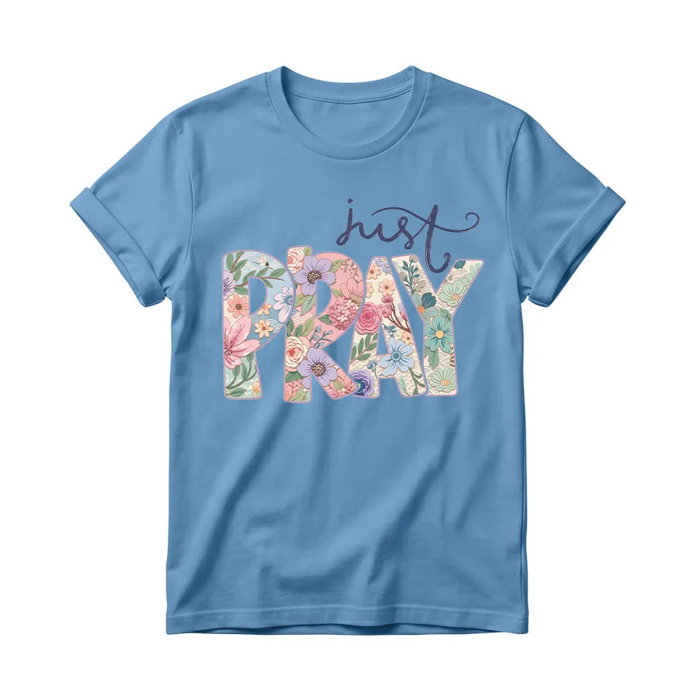Christianartworkshop Floral Fill Pray Letter Top Cursive Just Women’s Crewnecks T-shirt sold by Christian Art Workshop product image thumbnail 3