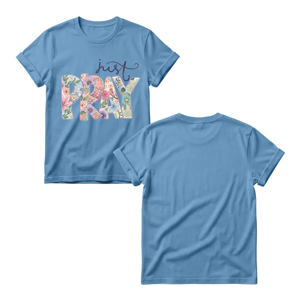 Christianartworkshop Floral Fill Pray Letter Top Cursive Just Women’s Crewnecks T-shirt sold by Christian Art Workshop product image thumbnail 4
