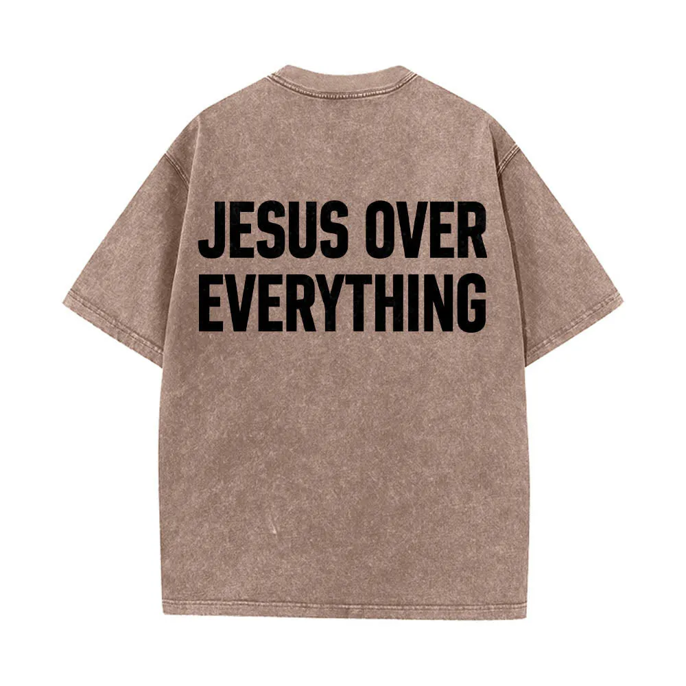 Christianartworkshop Two-Line Bold Jesus Over Everything Rear Block Letter Print Washed T‑Shirt sold by Christian Art Workshop product image thumbnail 5