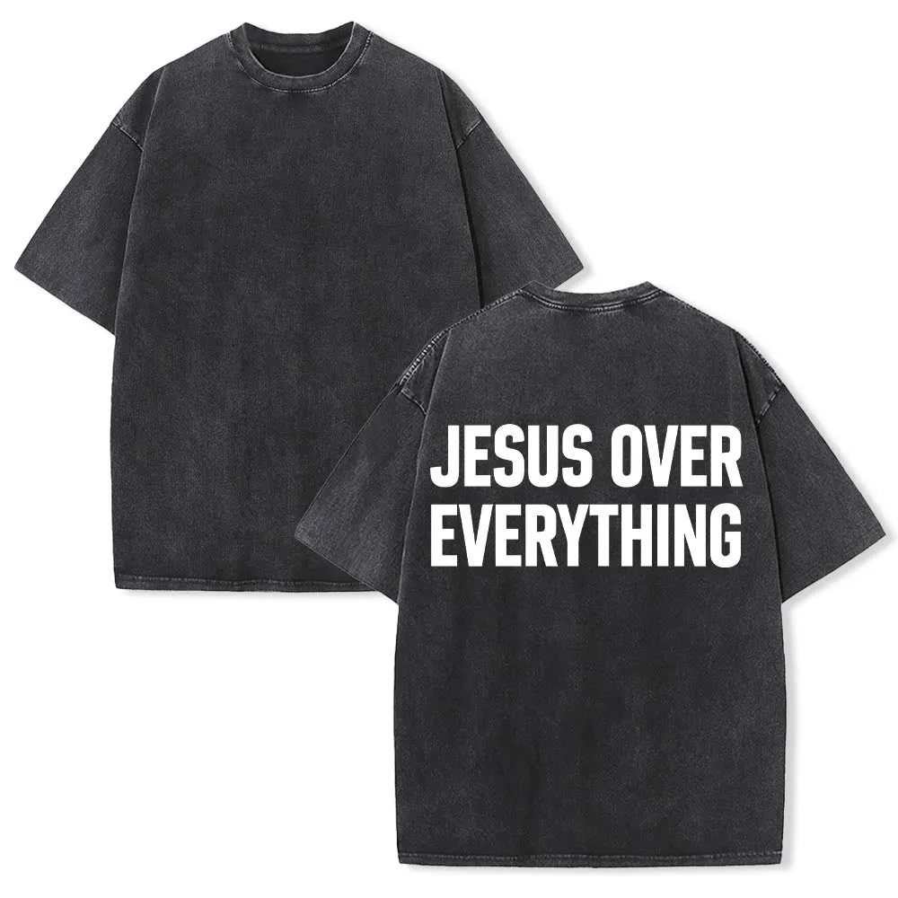 Christianartworkshop Two-Line Bold Jesus Over Everything Rear Block Letter Print Washed T‑Shirt sold by Christian Art Workshop product image thumbnail 2