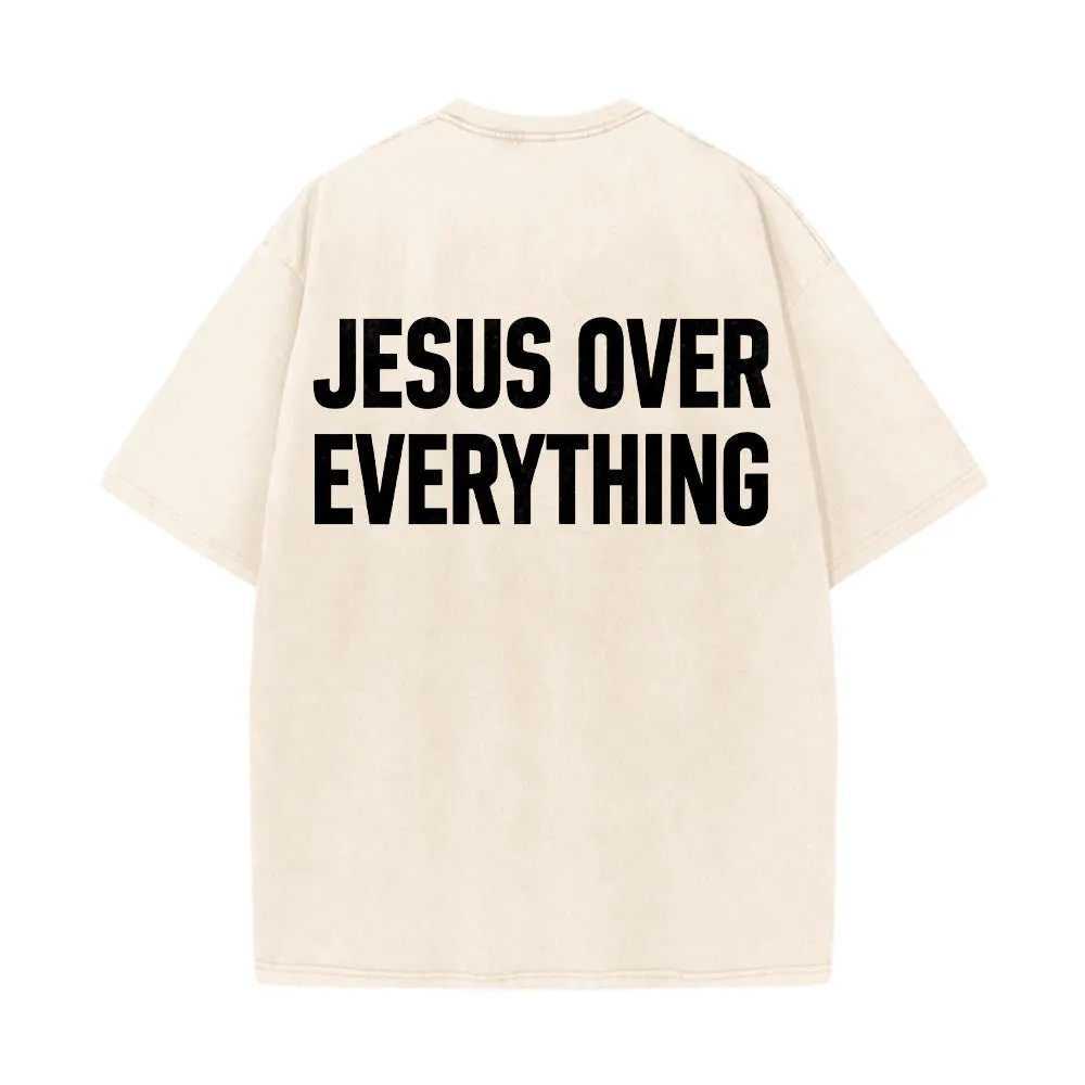 Christianartworkshop Two-Line Bold Jesus Over Everything Rear Block Letter Print Washed T‑Shirt sold by Christian Art Workshop product image thumbnail 3