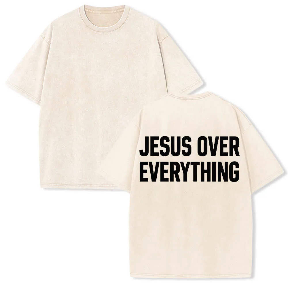 Christianartworkshop Two-Line Bold Jesus Over Everything Rear Block Letter Print Washed T‑Shirt sold by Christian Art Workshop product image thumbnail 4