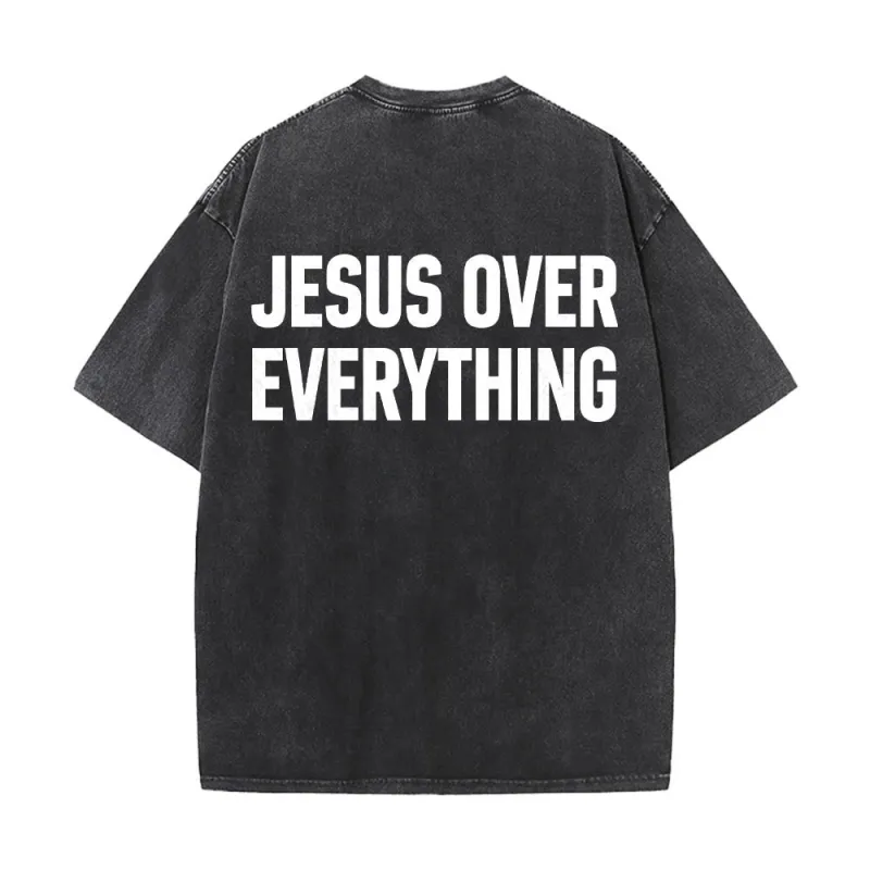 Christianartworkshop Two-Line Bold Jesus Over Everything Rear Block Letter Print Washed T‑Shirt made by Christian Art Workshop