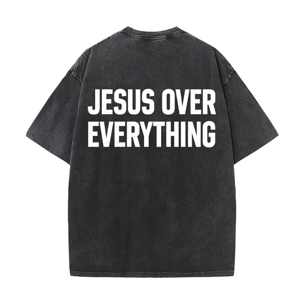 Christianartworkshop Two-Line Bold Jesus Over Everything Rear Block Letter Print Washed T‑Shirt sold by Christian Art Workshop