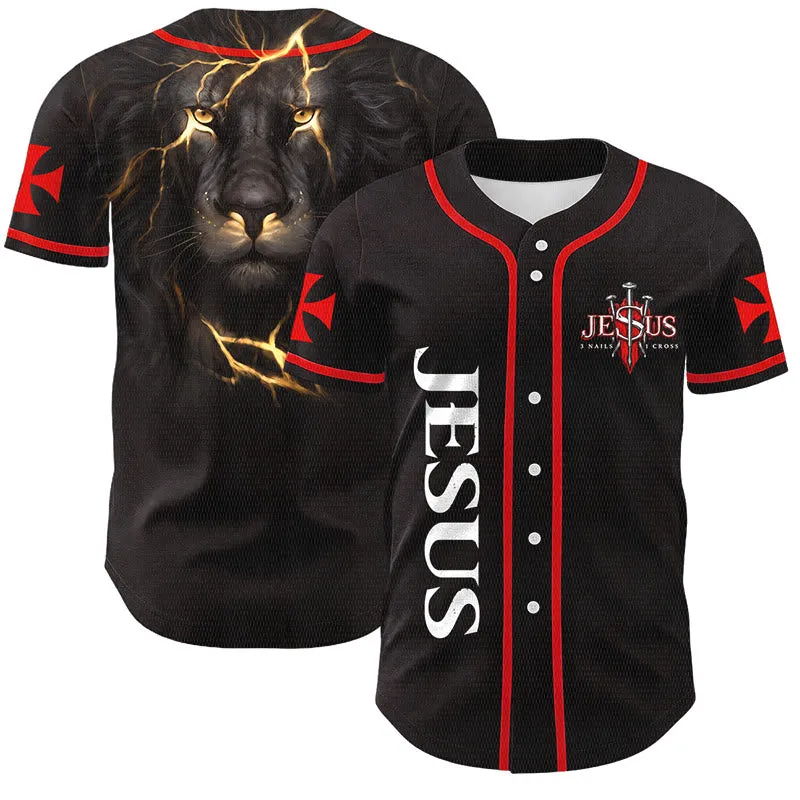 Christianartworkshop Front Vertical Jesus Nail Cross Emblem Back Lightning Lion Of Judah Portrait Button-Up Baseball Jersey made by Christian Art Workshop