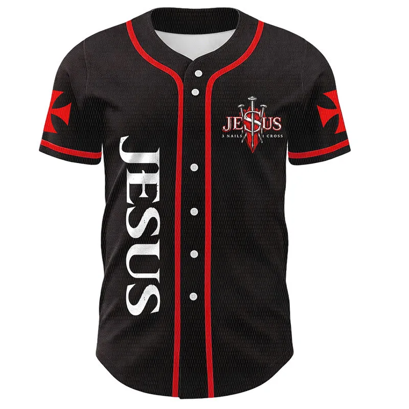 Christianartworkshop Front Vertical Jesus Nail Cross Emblem Back Lightning Lion Of Judah Portrait Button-Up Baseball Jersey sold by Christian Art Workshop product image thumbnail 2
