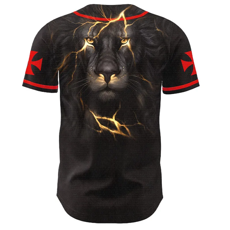 Christianartworkshop Front Vertical Jesus Nail Cross Emblem Back Lightning Lion Of Judah Portrait Button-Up Baseball Jersey sold by Christian Art Workshop product image thumbnail 3