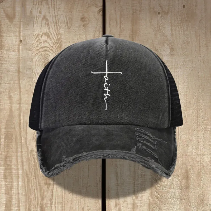 Christianartworkshop Distressed Faith Cross Cursive Letter Print Hat made by Christian Art Workshop