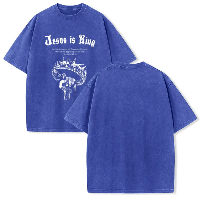 Christianartworkshop Dual-Side Jesus Is King Crown Of Thorns Scripture Letter Print Washed T-shirt made by Christian Art Workshop