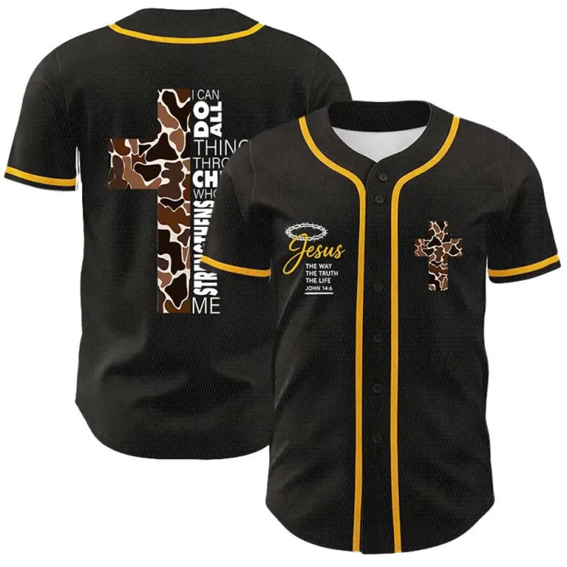 Christianartworkshop Leopard Print Cross I Can Do All Things Through Christ Unisex Baseball Jersey made by Christian Art Workshop