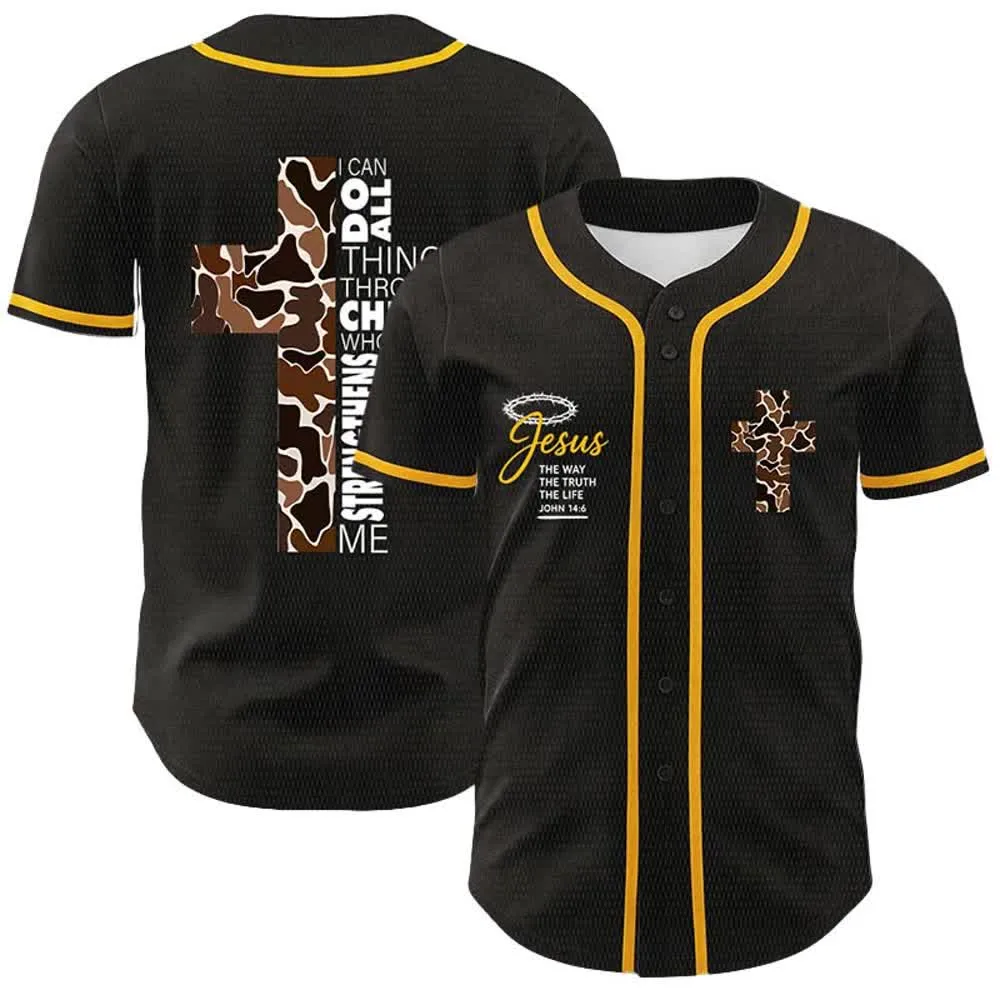 Christianartworkshop Leopard Print Cross I Can Do All Things Through Christ Unisex Baseball Jersey sold by Christian Art Workshop