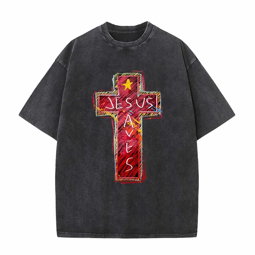 Christianartworkshop Vibrant Red Sketch Cross Jesus Saves Letter Star Accent Oversized Washed T-Shirt sold by Christian Art Workshop product image thumbnail 5