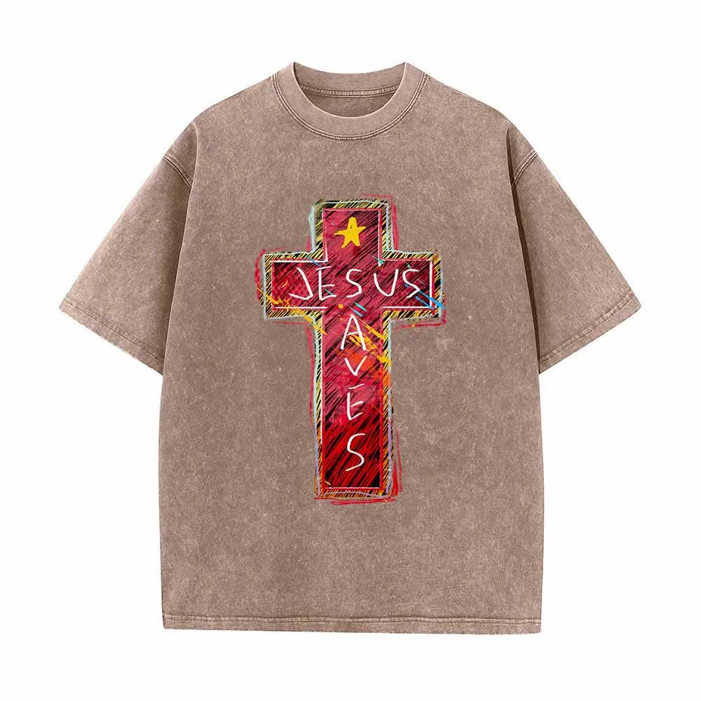 Christianartworkshop Vibrant Red Sketch Cross Jesus Saves Letter Star Accent Oversized Washed T-Shirt sold by Christian Art Workshop product image thumbnail 2