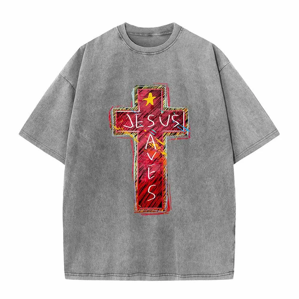 Christianartworkshop Vibrant Red Sketch Cross Jesus Saves Letter Star Accent Oversized Washed T-Shirt sold by Christian Art Workshop product image thumbnail 3