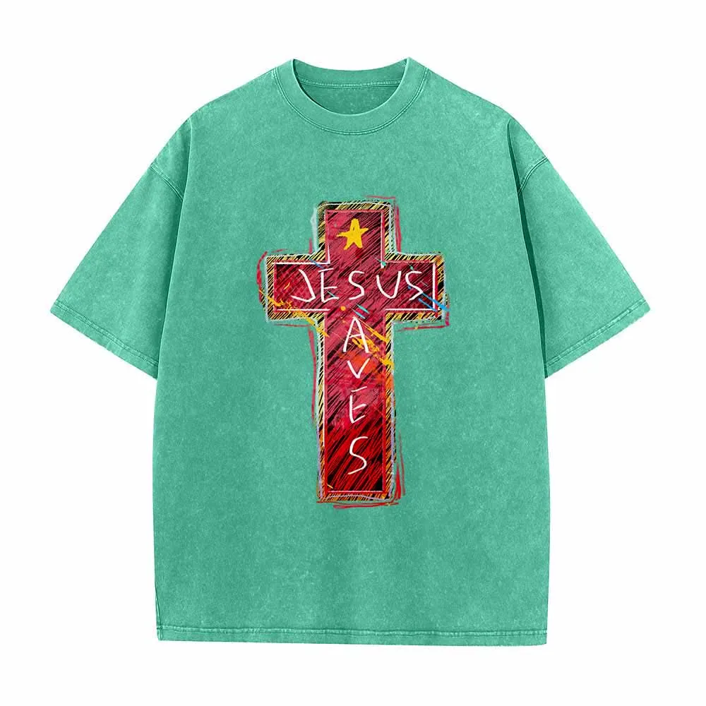 Christianartworkshop Vibrant Red Sketch Cross Jesus Saves Letter Star Accent Oversized Washed T-Shirt sold by Christian Art Workshop product image thumbnail 4
