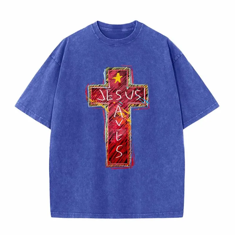Christianartworkshop Vibrant Red Sketch Cross Jesus Saves Letter Star Accent Oversized Washed T-Shirt made by Christian Art Workshop