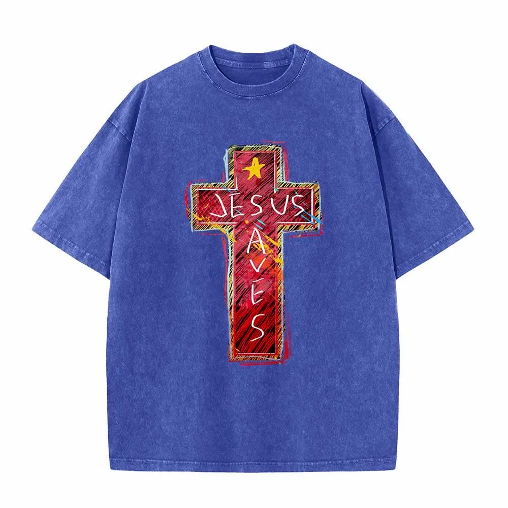 Christianartworkshop Vibrant Red Sketch Cross Jesus Saves Letter Star Accent Oversized Washed T-Shirt sold by Christian Art Workshop