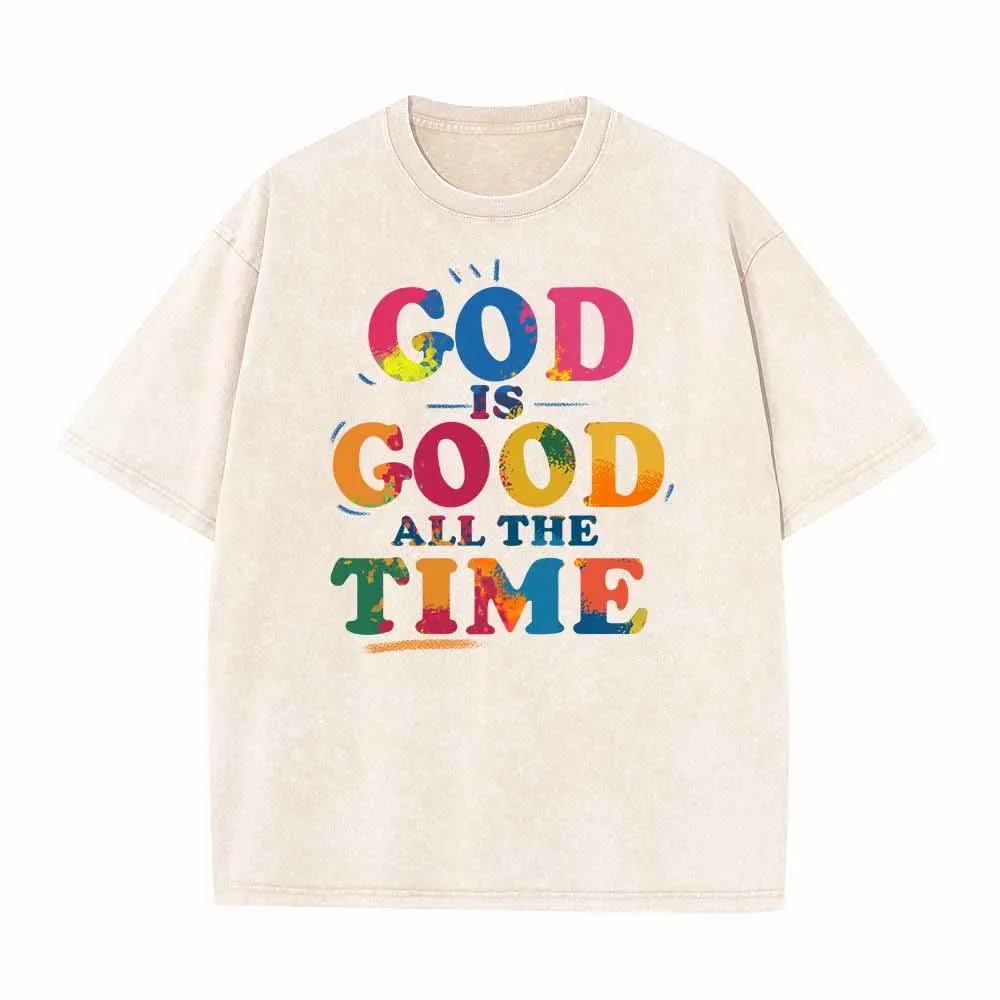 Christianartworkshop God Is Good All The Time Rainbow Splash Distressed Letter Vintage Washed T-Shirt sold by Christian Art Workshop product image thumbnail 3