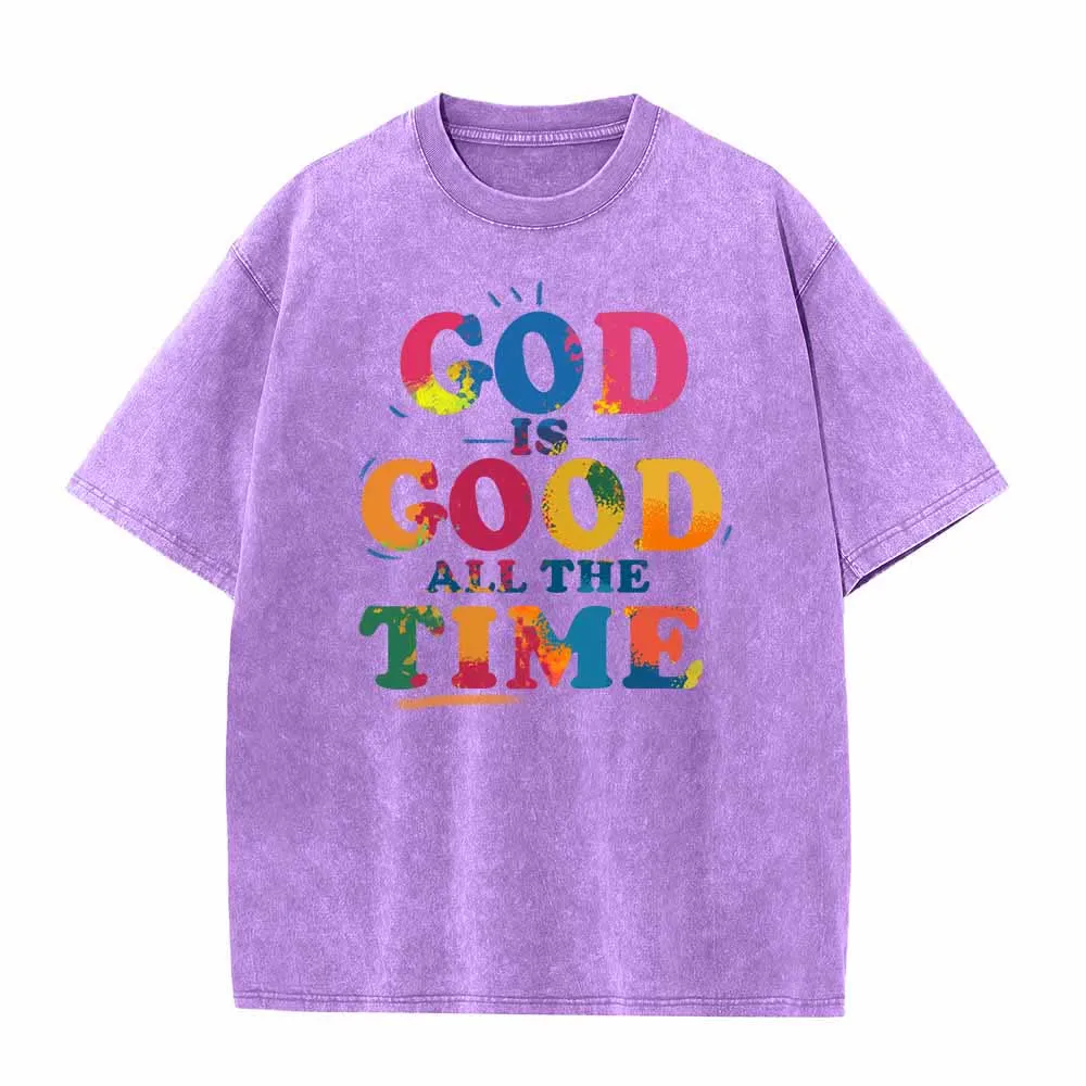 Christianartworkshop God Is Good All The Time Rainbow Splash Distressed Letter Vintage Washed T-Shirt sold by Christian Art Workshop product image thumbnail 4