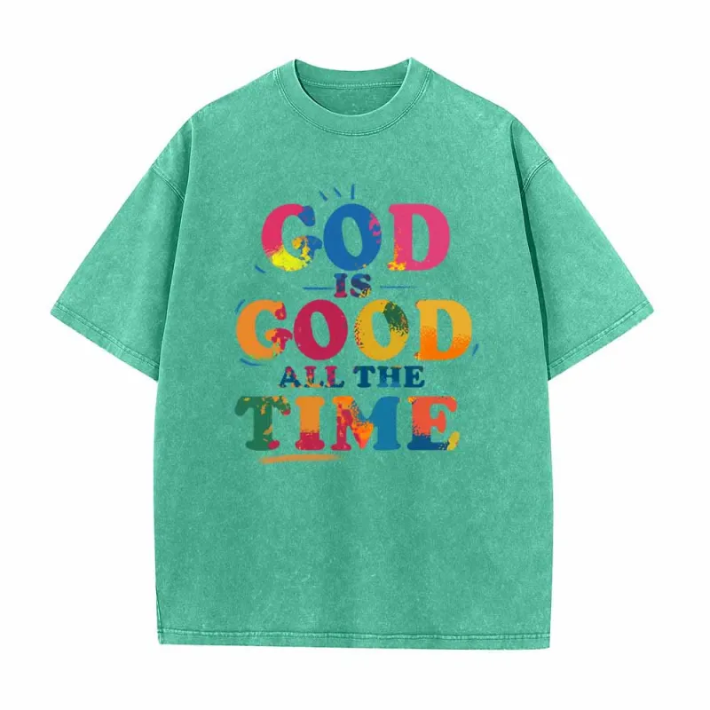 Christianartworkshop God Is Good All The Time Rainbow Splash Distressed Letter Vintage Washed T-Shirt made by Christian Art Workshop