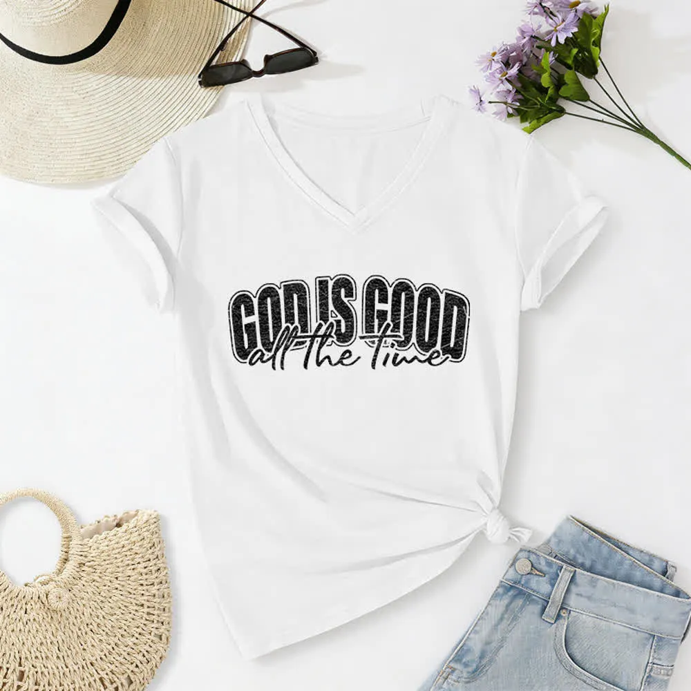 Christianartworkshop God Is Good All The Time Vintage Letter Print Casual V-neck T-shirt sold by Christian Art Workshop product image thumbnail 5