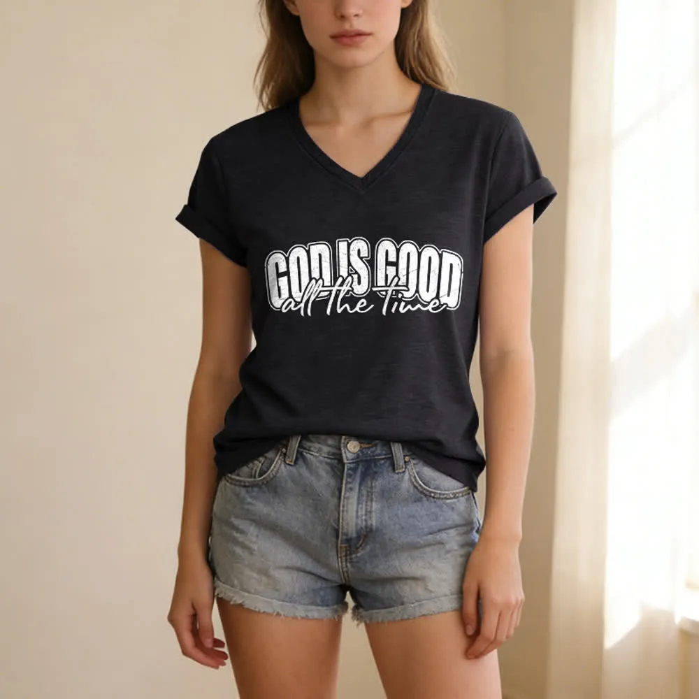 Christianartworkshop God Is Good All The Time Vintage Letter Print Casual V-neck T-shirt sold by Christian Art Workshop product image thumbnail 2