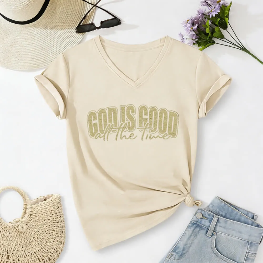 Christianartworkshop God Is Good All The Time Vintage Letter Print Casual V-neck T-shirt sold by Christian Art Workshop product image thumbnail 3