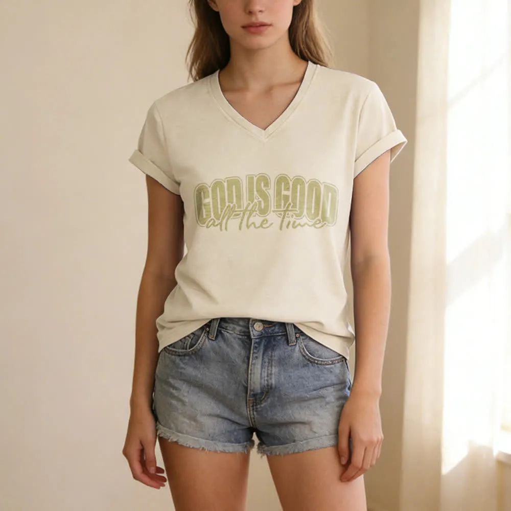 Christianartworkshop God Is Good All The Time Vintage Letter Print Casual V-neck T-shirt sold by Christian Art Workshop product image thumbnail 4
