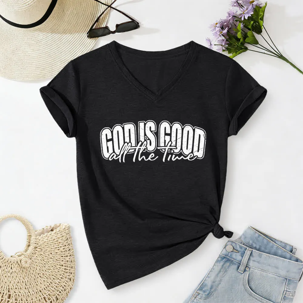 Christianartworkshop God Is Good All The Time Vintage Letter Print Casual V-neck T-shirt sold by Christian Art Workshop