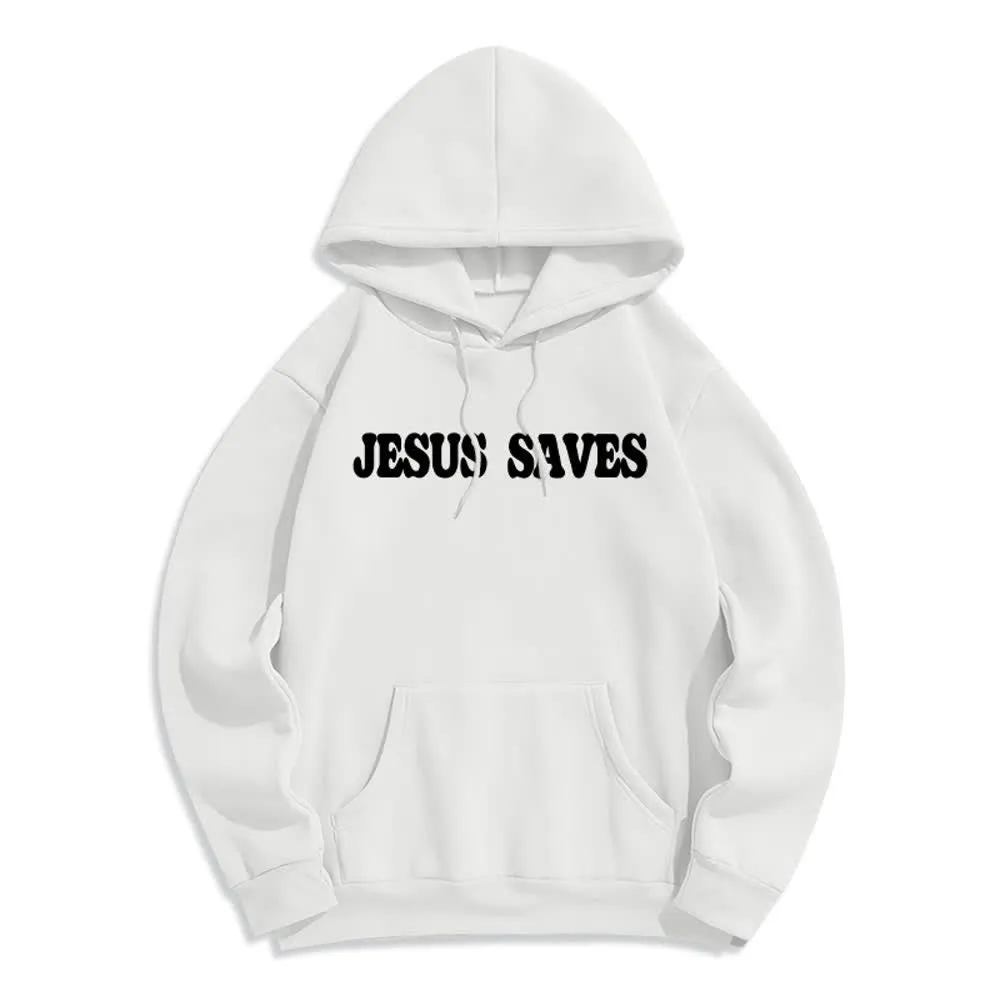 Christianartworkshop Jesus Saves White Pullover Streetwear Fleece Lined Polyester Hoodie sold by Christian Art Workshop product image thumbnail 3
