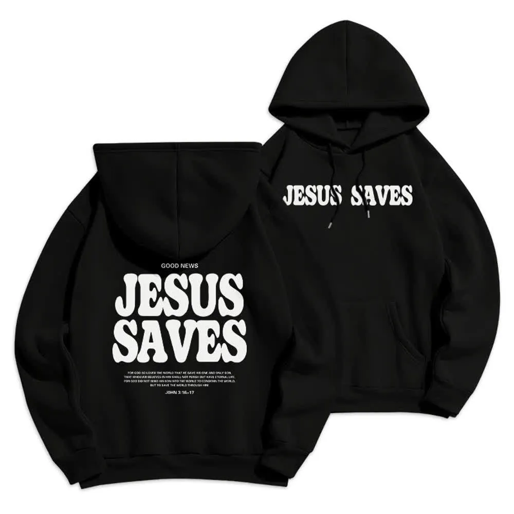 Christianartworkshop Jesus Saves White Pullover Streetwear Fleece Lined Polyester Hoodie sold by Christian Art Workshop product image thumbnail 4