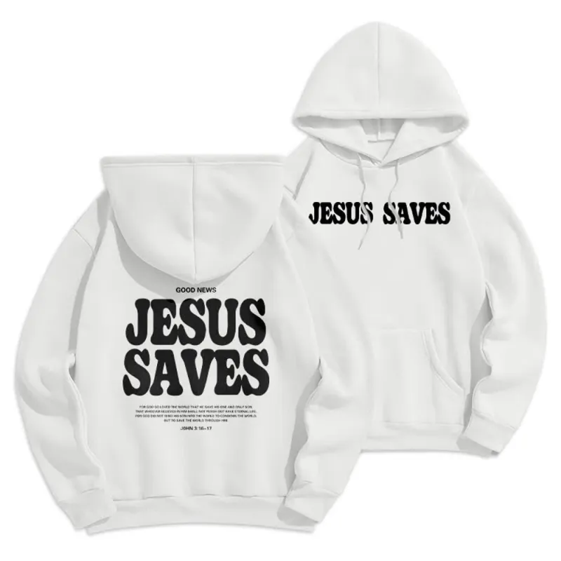 Christianartworkshop Jesus Saves White Pullover Streetwear Fleece Lined Polyester Hoodie made by Christian Art Workshop