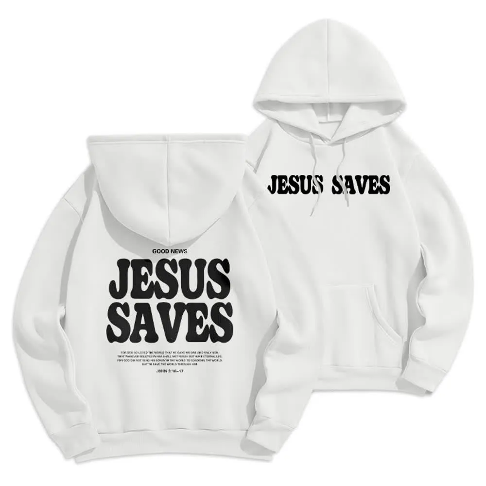 Christianartworkshop Jesus Saves White Pullover Streetwear Fleece Lined Polyester Hoodie sold by Christian Art Workshop