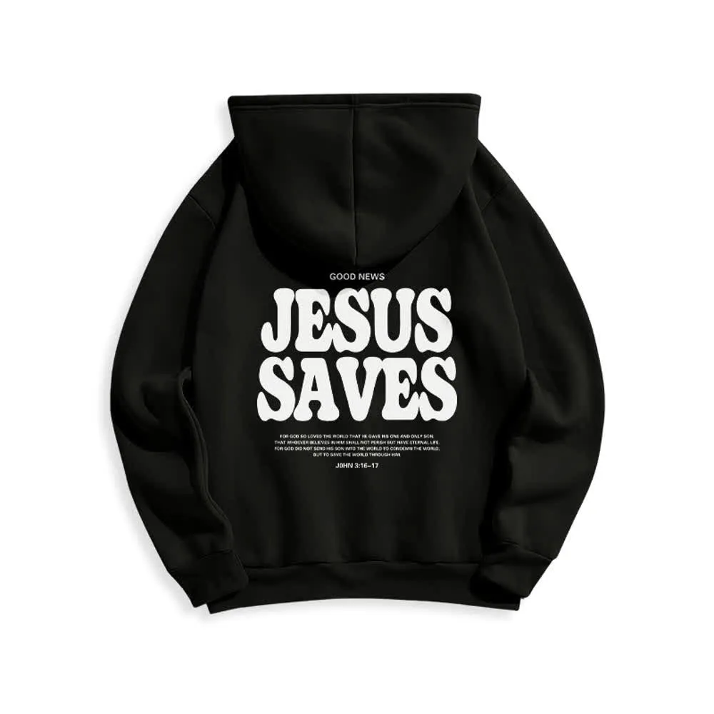 Christianartworkshop Jesus Saves White Pullover Streetwear Fleece Lined Polyester Hoodie sold by Christian Art Workshop product image thumbnail 5