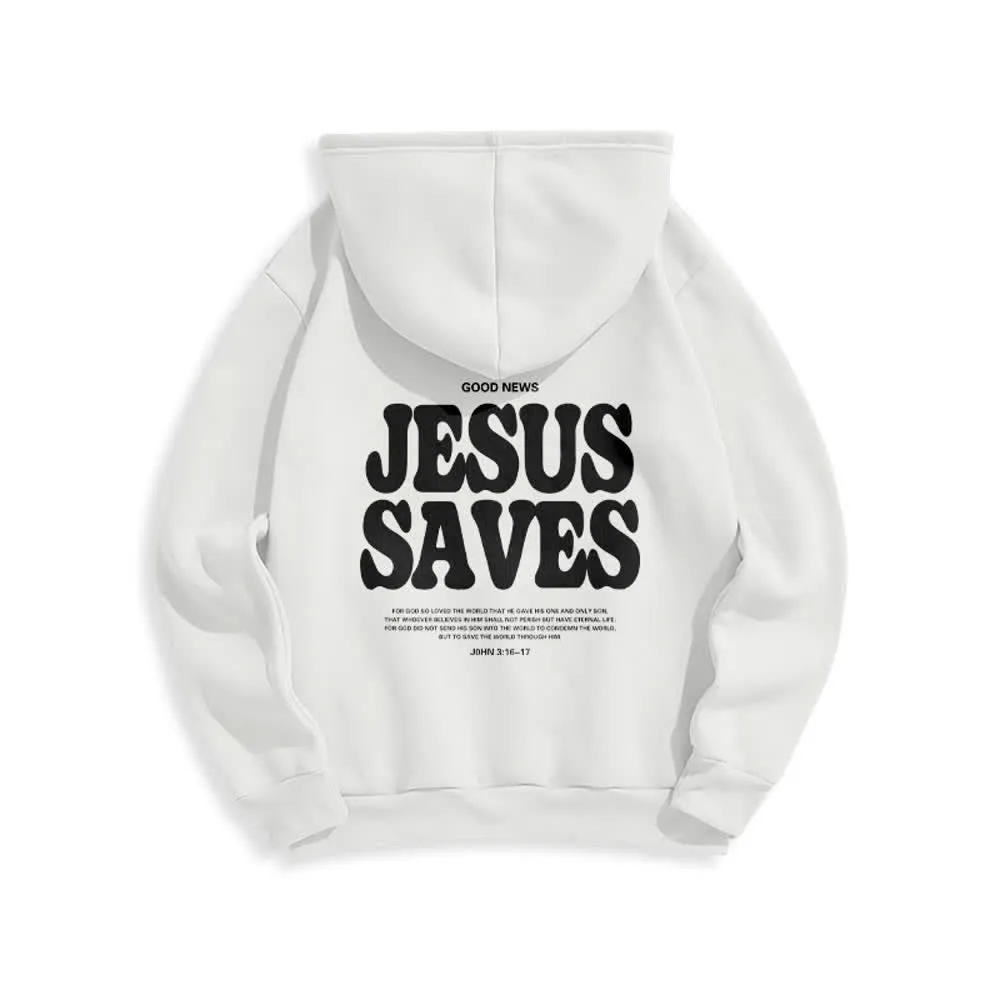 Christianartworkshop Jesus Saves White Pullover Streetwear Fleece Lined Polyester Hoodie sold by Christian Art Workshop product image thumbnail 2