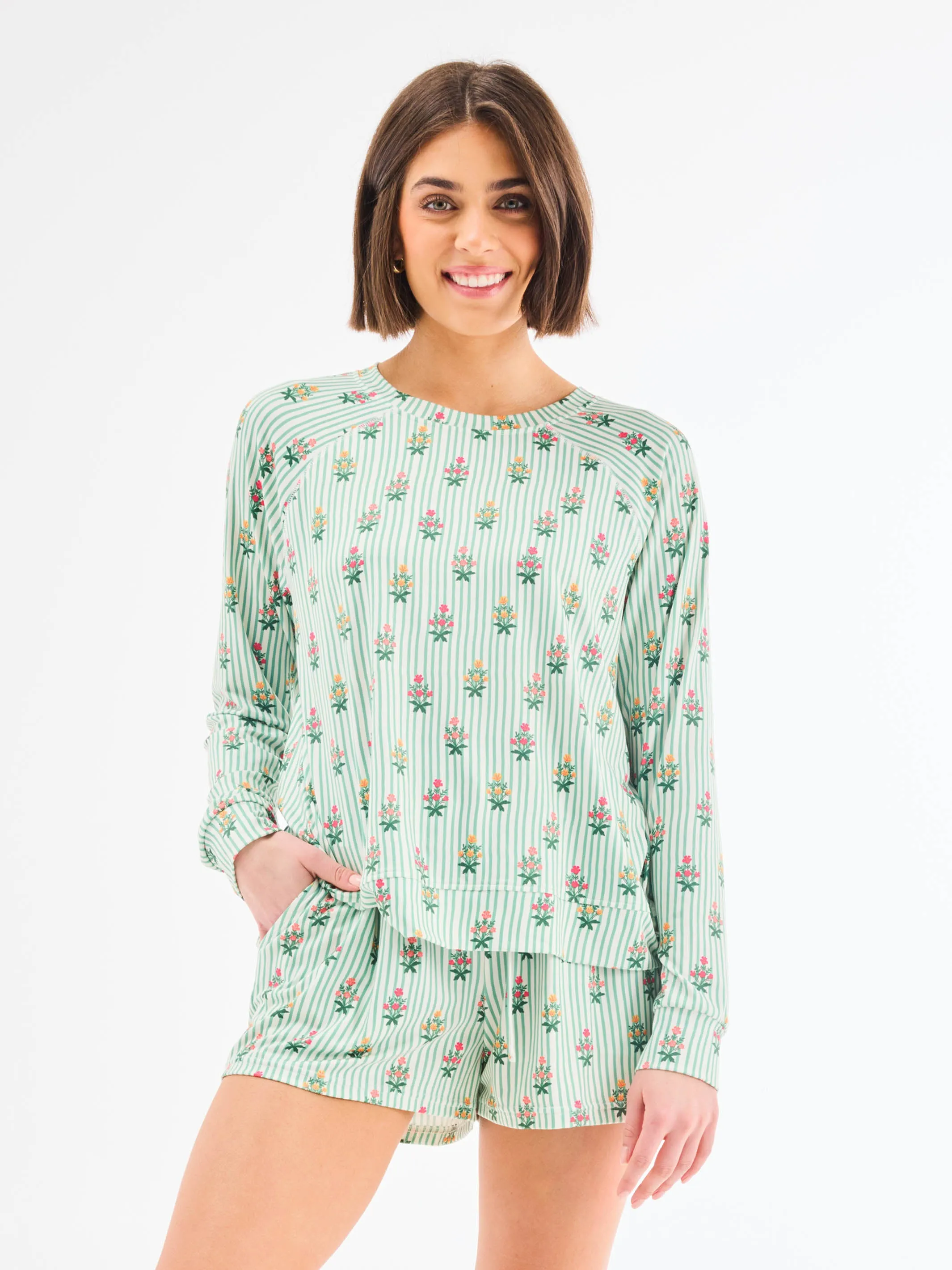 Women's Annie Shorts Set | Cottage Stripes Green sold by Mary Square