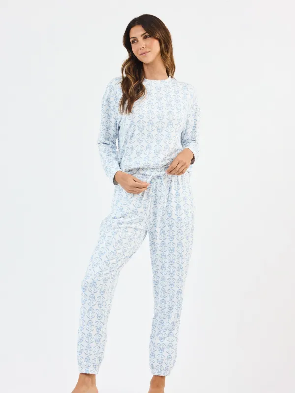 Sophie Jogger Set | Palm Damask Light Blue sold by Mary Square