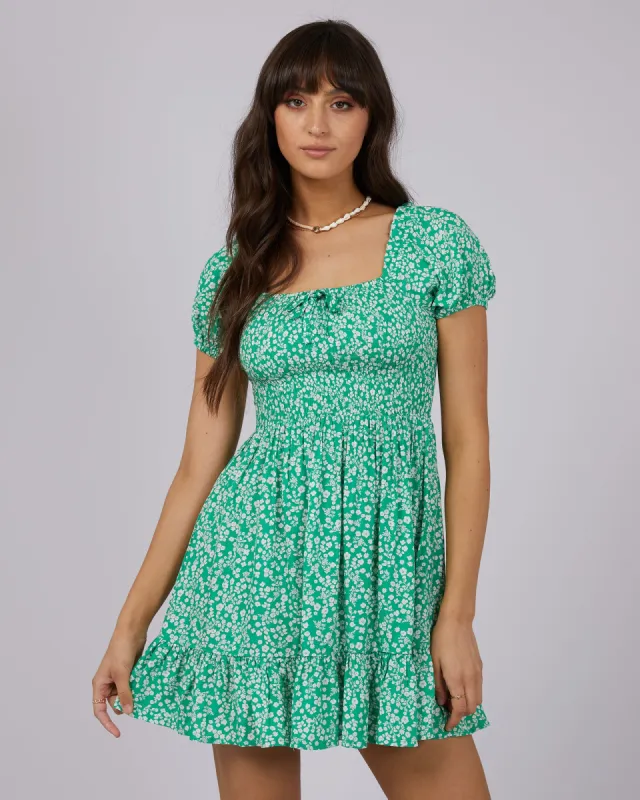 Amalfi Shirred Mini Dress Green sold by All About Eve
