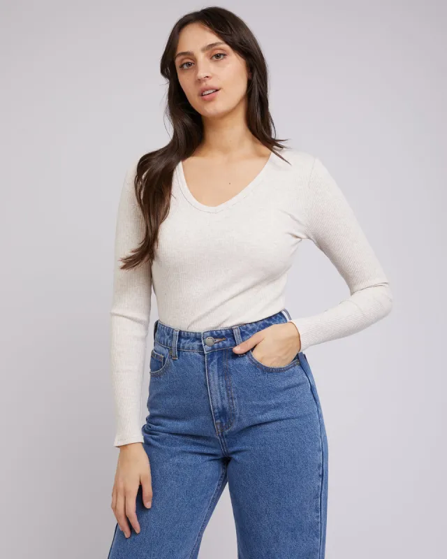Eve Rib V Neck Long Sleeve Top Oatmeal sold by All About Eve