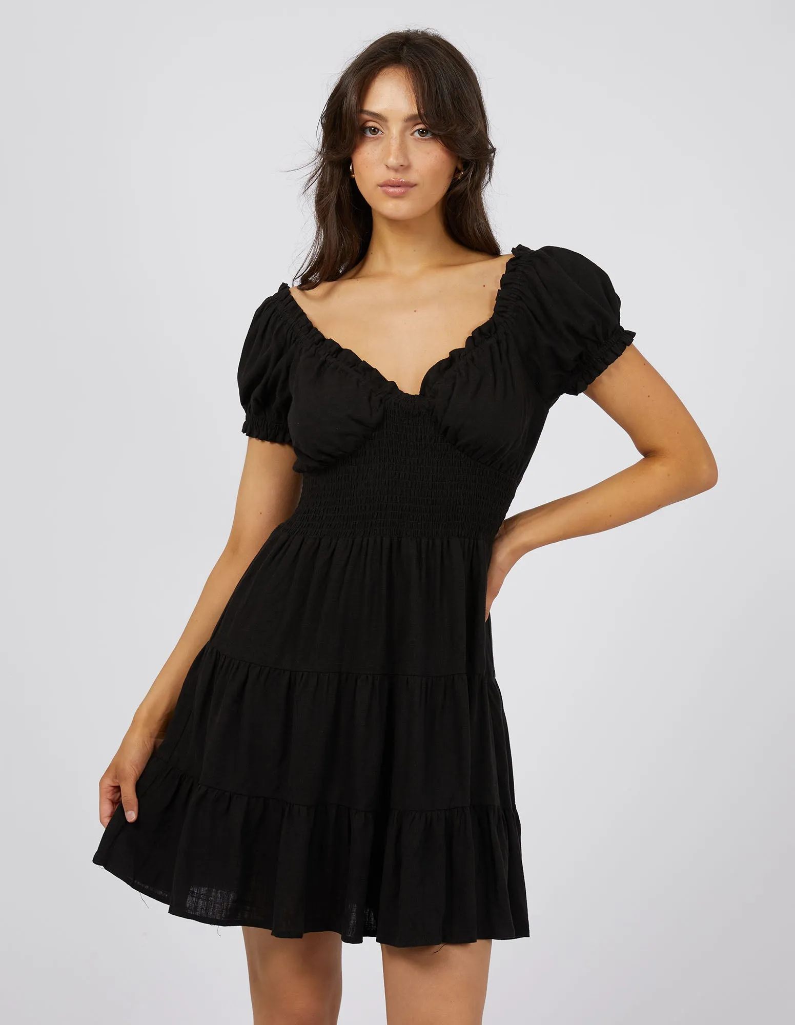 Luxe Linen Mini Dress Black sold by All About Eve
