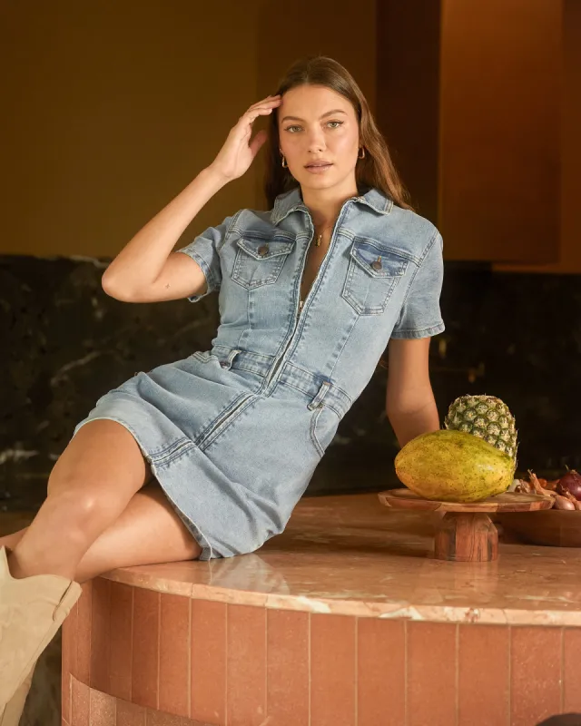 Nicky Denim Mini Dress Light Blue sold by All About Eve