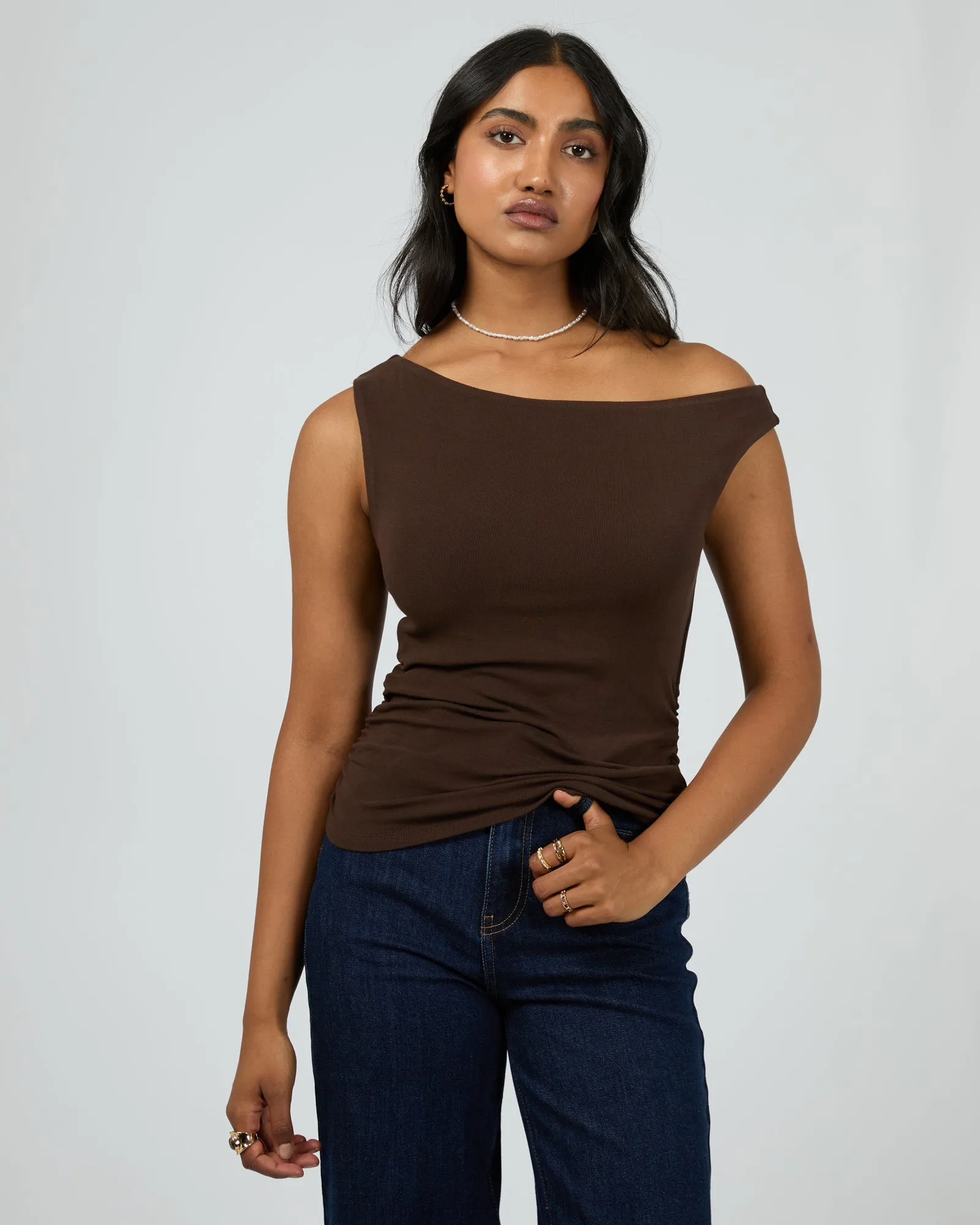 Kylie Off Shoulder Top Brown sold by All About Eve