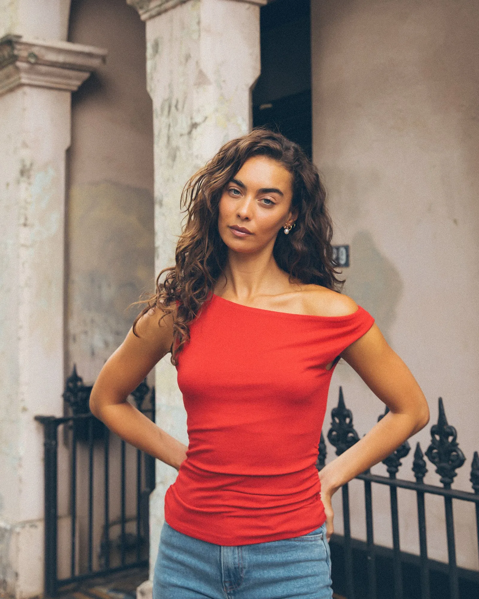 Kylie Off Shoulder Top Scarlet sold by All About Eve