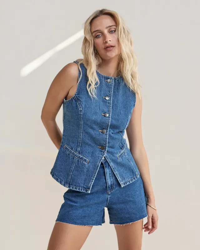 Lena Denim Vest Heritage Blue sold by All About Eve