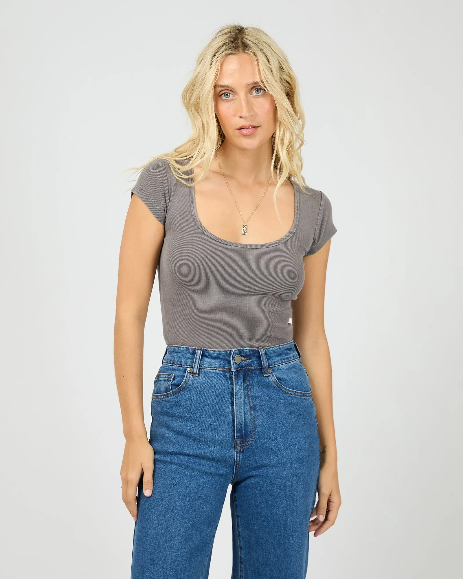 Washed Rib Scoop Neck Tee Charcoal sold by All About Eve