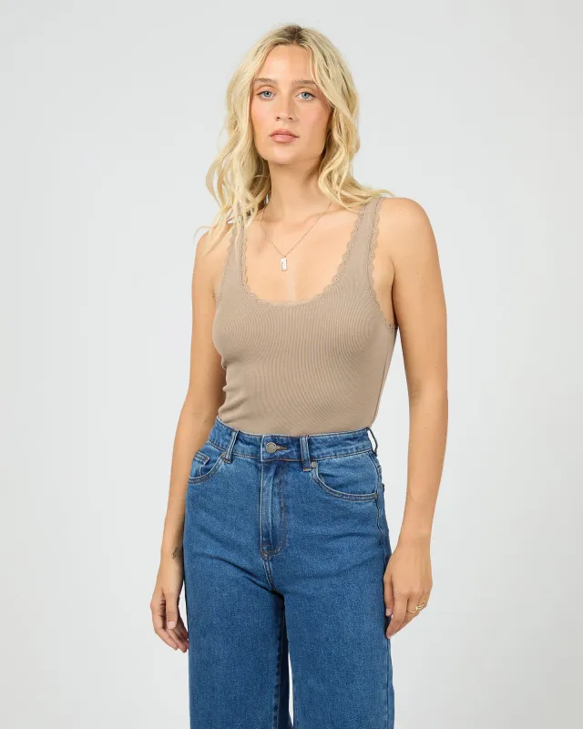 Washed Rib Lace Tank Stone sold by All About Eve
